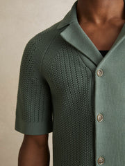 Cotton Textured-Knit Cuban-Collar Shirt Pine Green | Mens