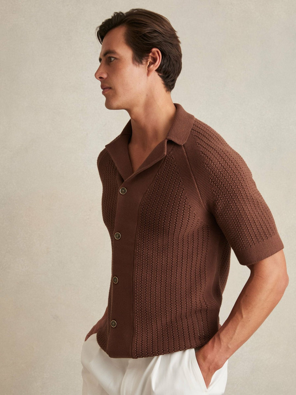 Cotton Textured-Knit Cuban-Collar Shirt Tobacco Brown | Mens