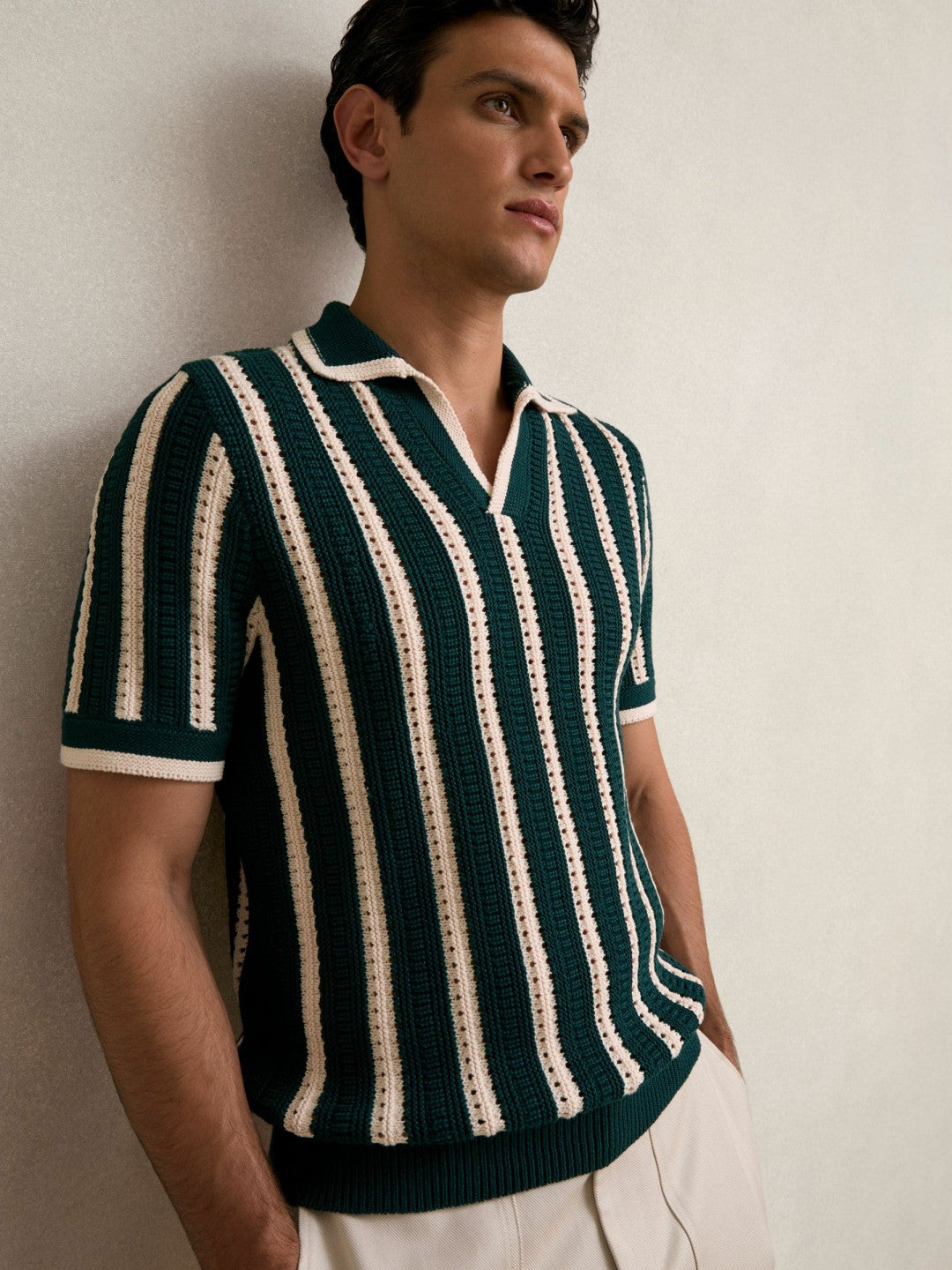 Cotton Blend Stripe Knit Polo Shirt Dark Teal Green/Ecru | Mens