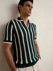 Cotton Blend Stripe Knit Polo Shirt Dark Teal Green/Ecru | Mens