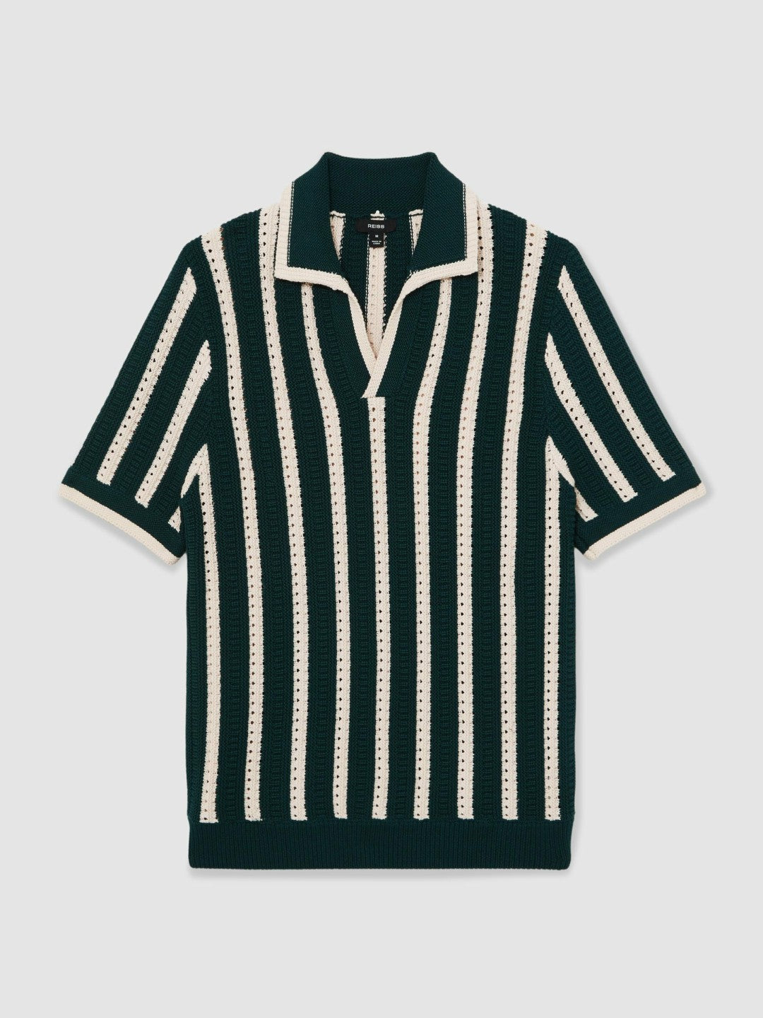 Cotton Blend Stripe Knit Polo Shirt Dark Teal Green/Ecru | Mens