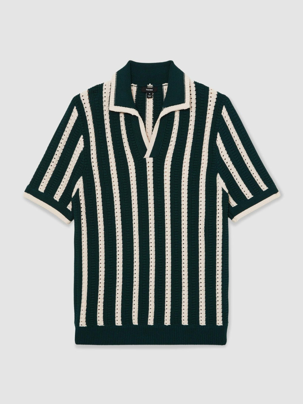 Cotton Blend Stripe Knit Polo Shirt Dark Teal Green/Ecru | Mens