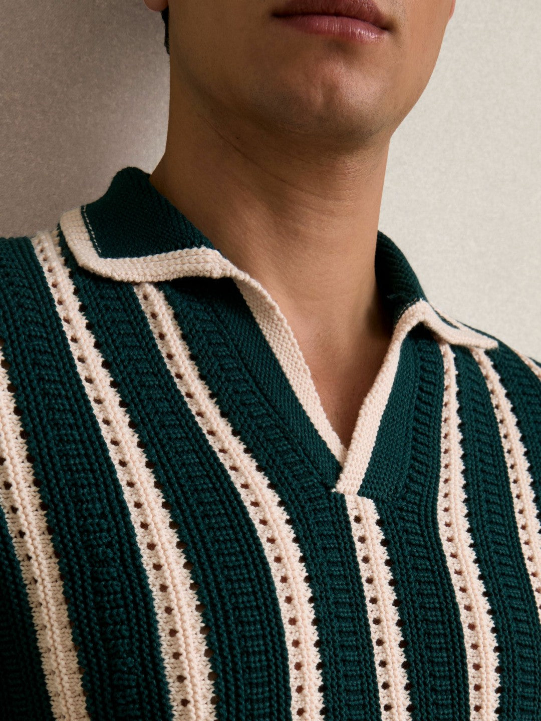 Cotton Blend Stripe Knit Polo Shirt Dark Teal Green/Ecru | Mens