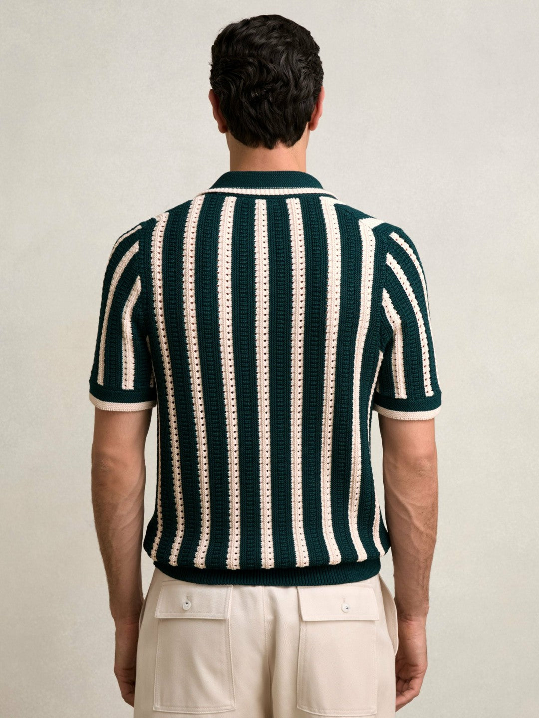 Cotton Blend Stripe Knit Polo Shirt Dark Teal Green/Ecru | Mens
