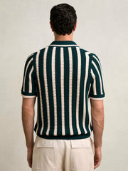 Cotton Blend Stripe Knit Polo Shirt Dark Teal Green/Ecru | Mens
