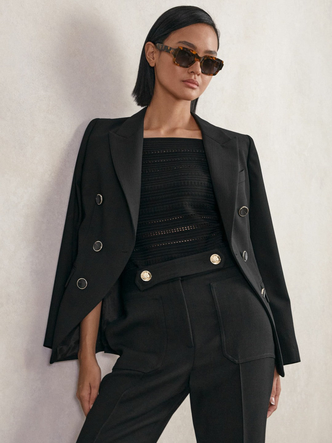 Petite Wool-Blend Double-Breasted Blazer Black | Womens