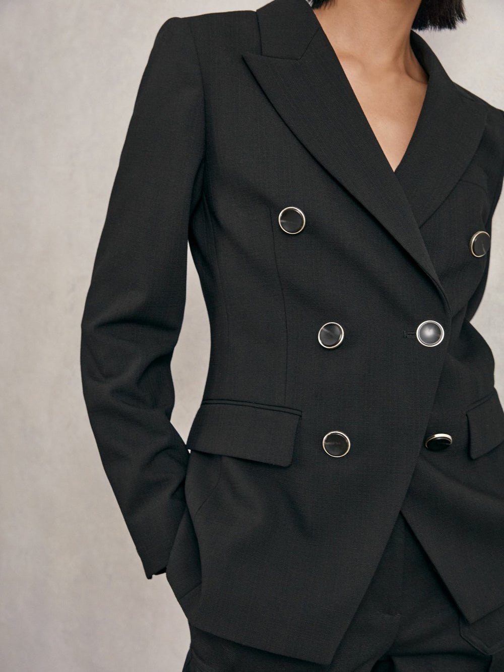 Petite Wool-Blend Double-Breasted Blazer Black | Womens