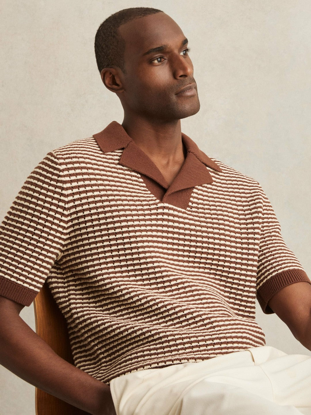 Cotton Textured Knit Stripe Polo Shirt Tobacco Brown/ Off White | Mens