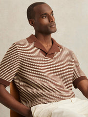 Cotton Textured Knit Stripe Polo Shirt Tobacco Brown/ Off White | Mens