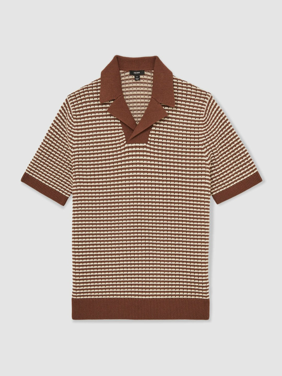 Cotton Textured Knit Stripe Polo Shirt Tobacco Brown/ Off White | Mens