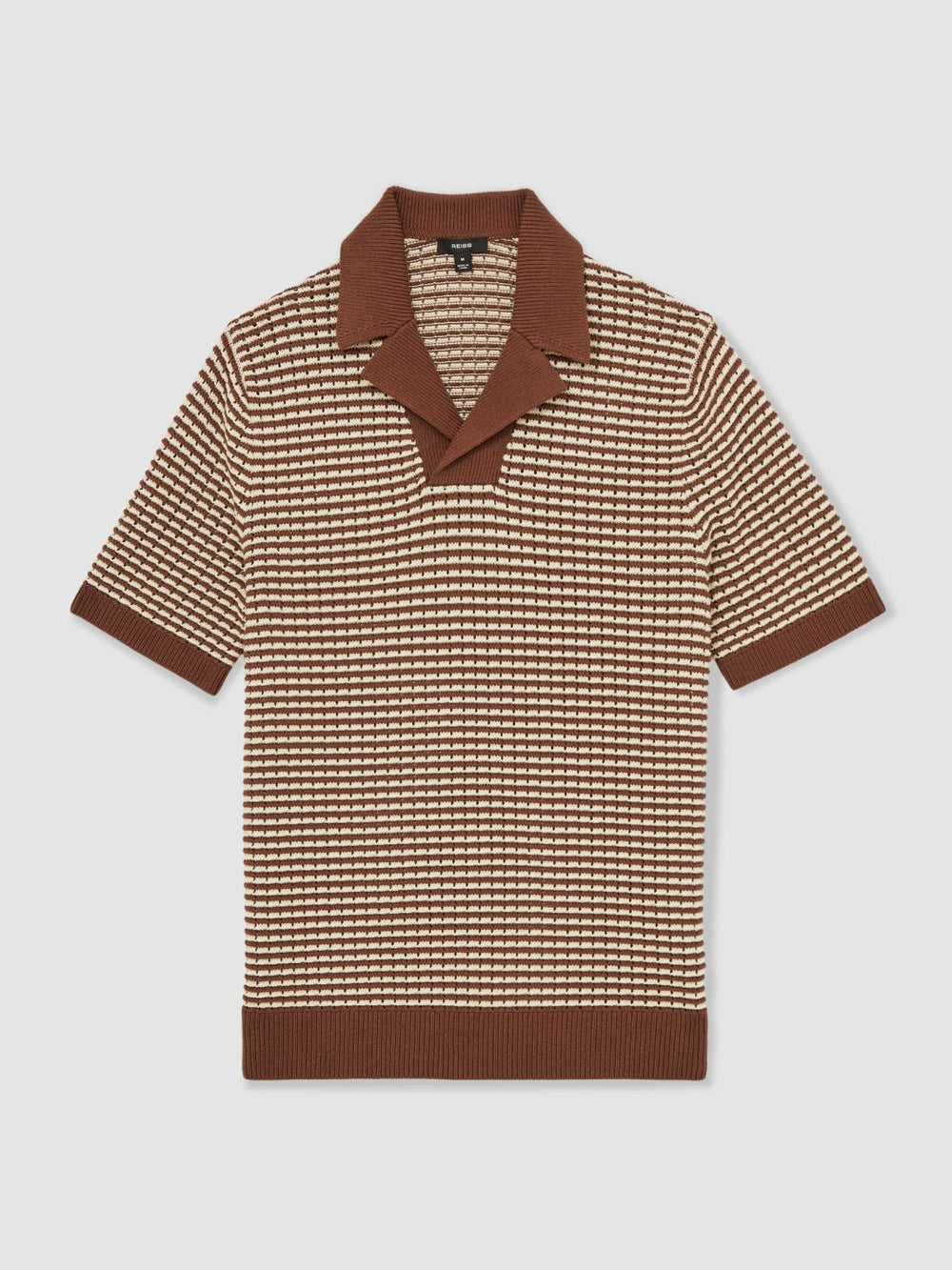 Cotton Textured Knit Stripe Polo Shirt Tobacco Brown/ Off White | Mens