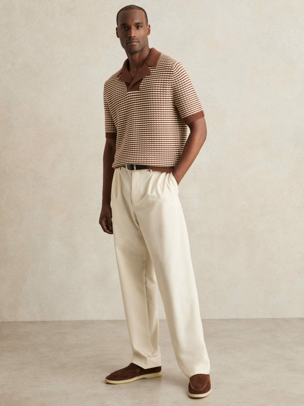 Cotton Textured Knit Stripe Polo Shirt Tobacco Brown/ Off White | Mens