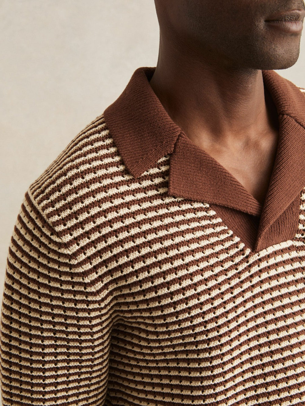 Cotton Textured Knit Stripe Polo Shirt Tobacco Brown/ Off White | Mens