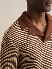Cotton Textured Knit Stripe Polo Shirt Tobacco Brown/ Off White | Mens