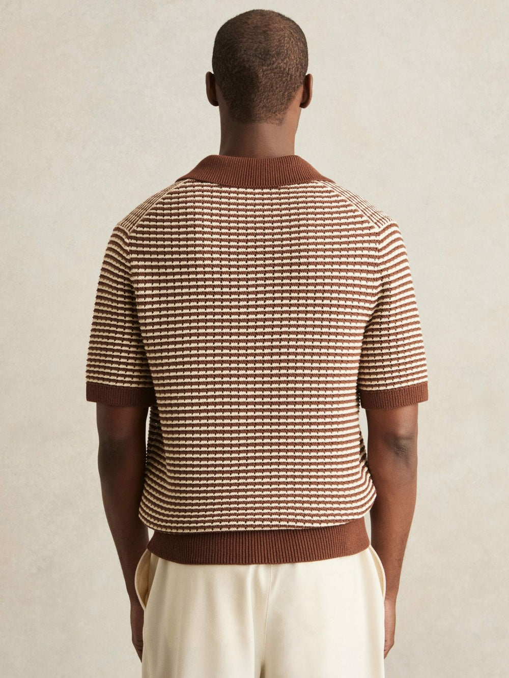 Cotton Textured Knit Stripe Polo Shirt Tobacco Brown/ Off White | Mens
