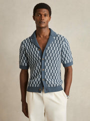 Cotton Checkerboard-Knit Shirt Airforce Blue/Soft Blue | Mens