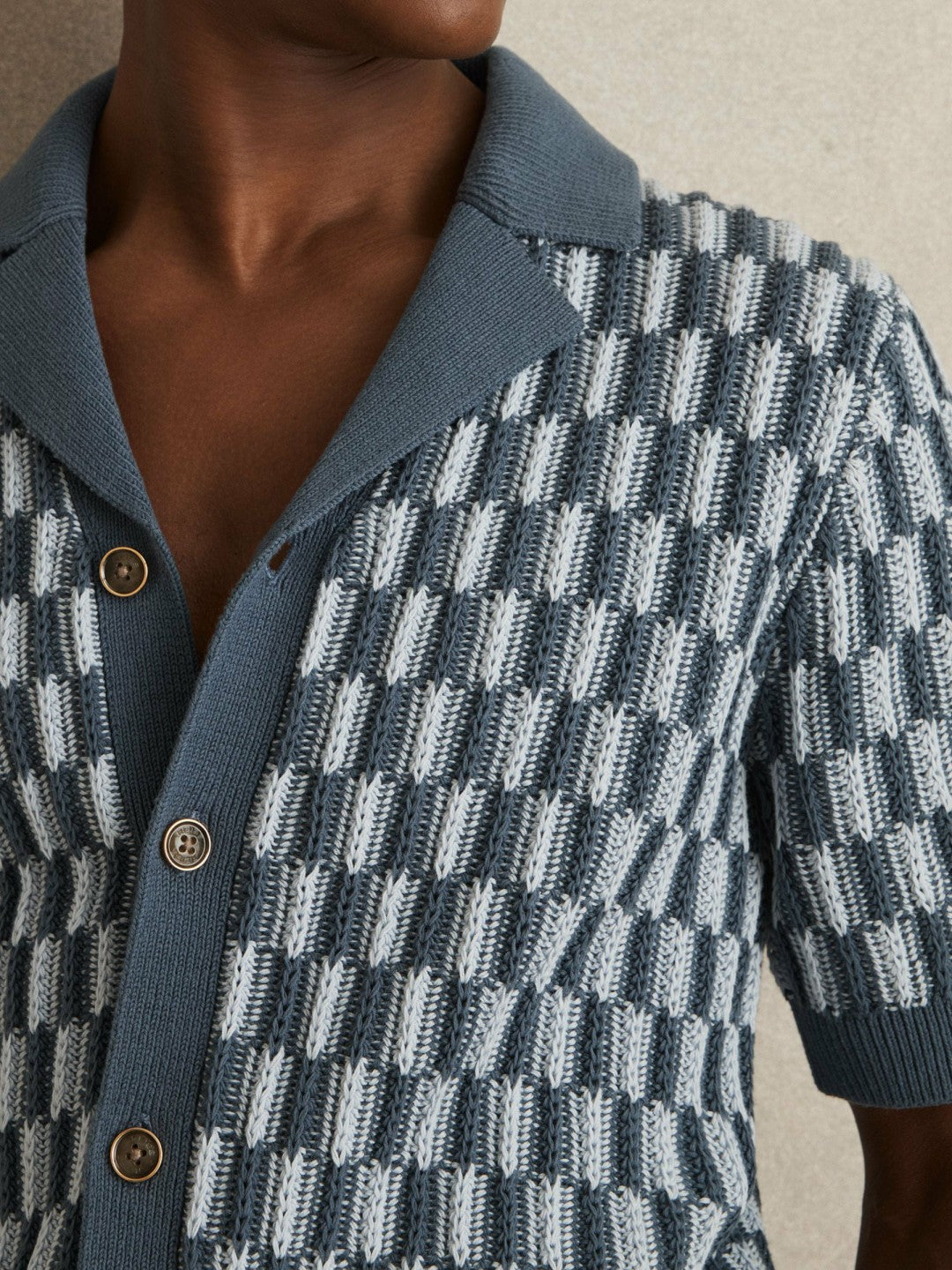 Cotton Checkerboard-Knit Shirt Airforce Blue/Soft Blue | Mens