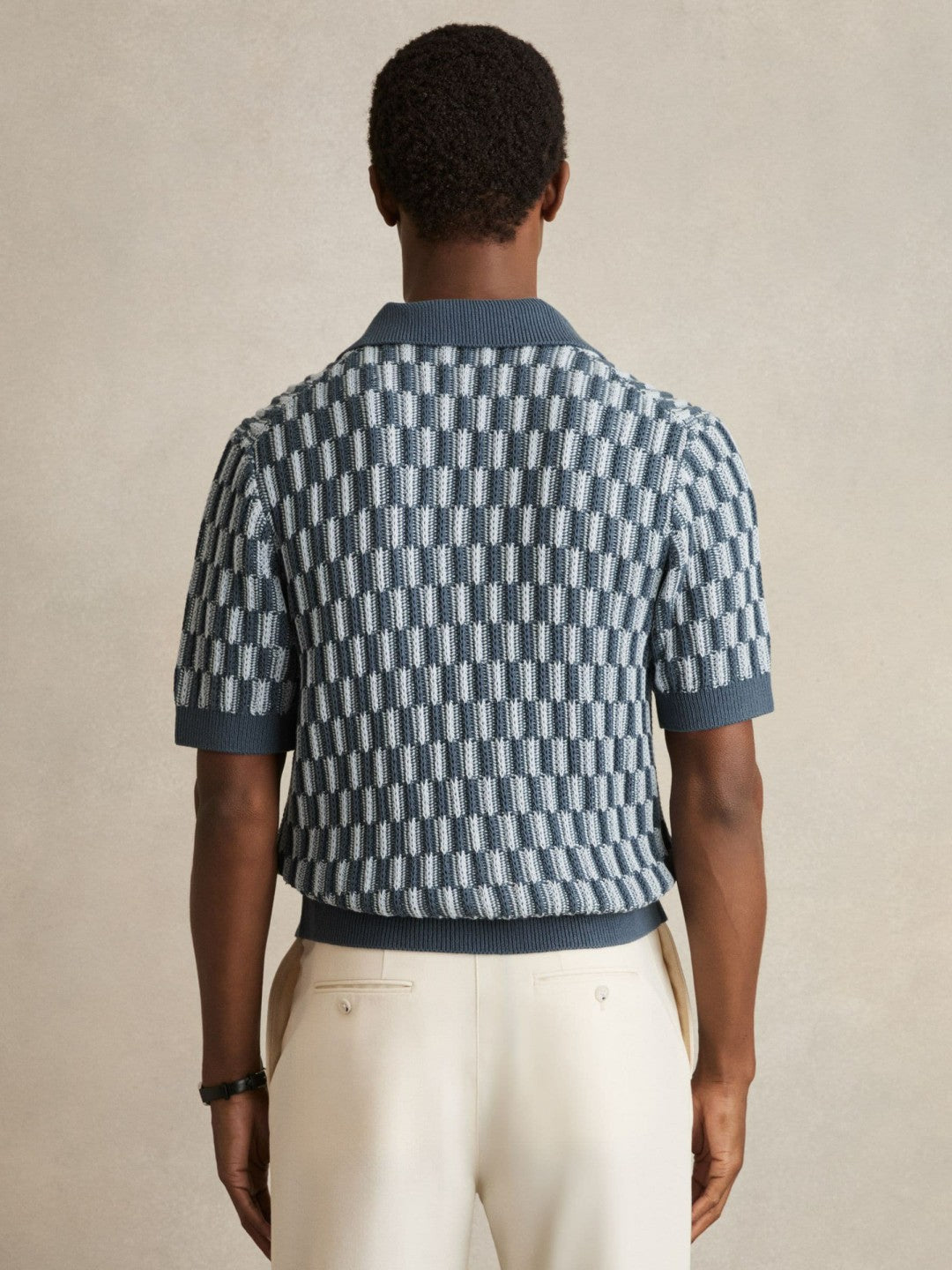 Cotton Checkerboard-Knit Shirt Airforce Blue/Soft Blue | Mens