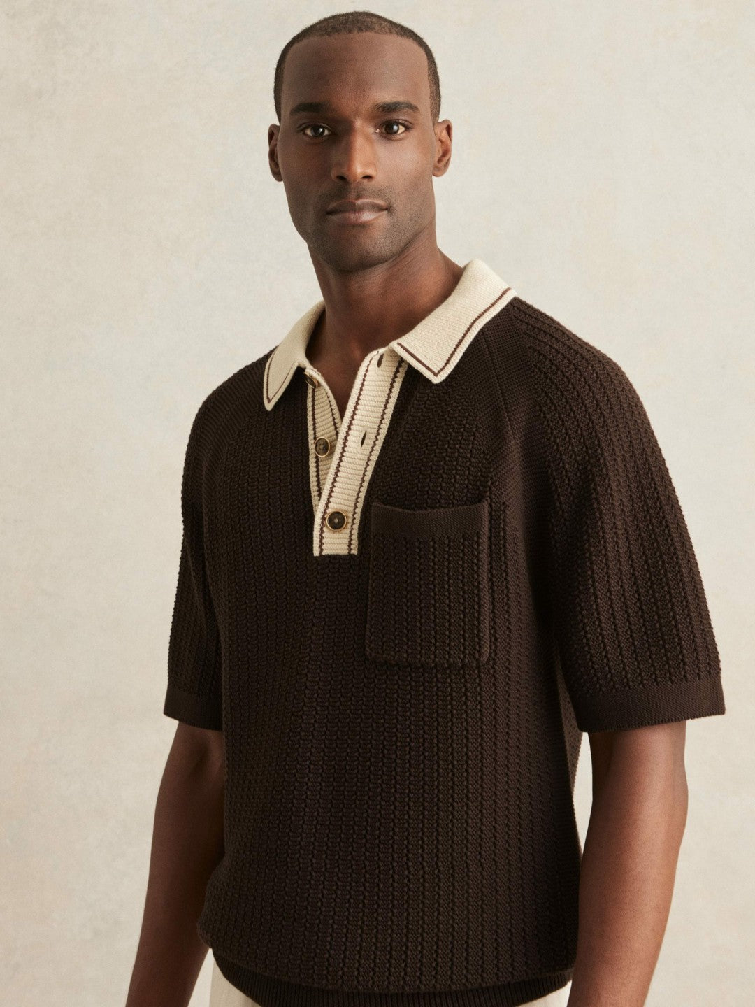 Cotton Textured Knit Contrast Polo Shirt Dark Brown/Stone | Mens