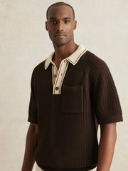 Cotton Textured Knit Contrast Polo Shirt Dark Brown/Stone | Mens