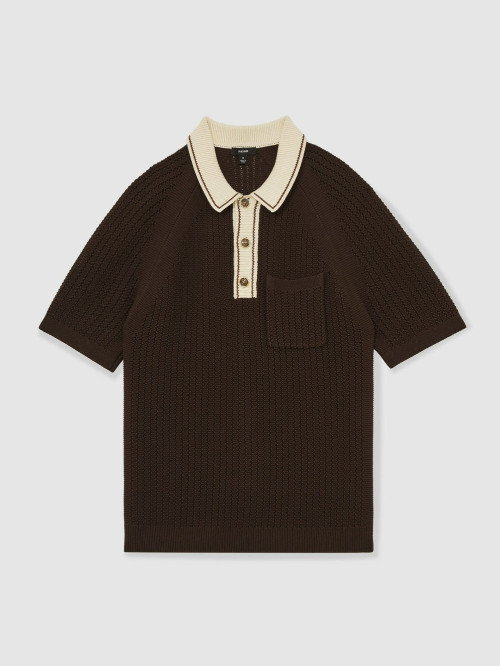 Cotton Textured Knit Contrast Polo Shirt Dark Brown/Stone | Mens