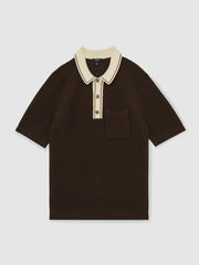Cotton Textured Knit Contrast Polo Shirt Dark Brown/Stone | Mens