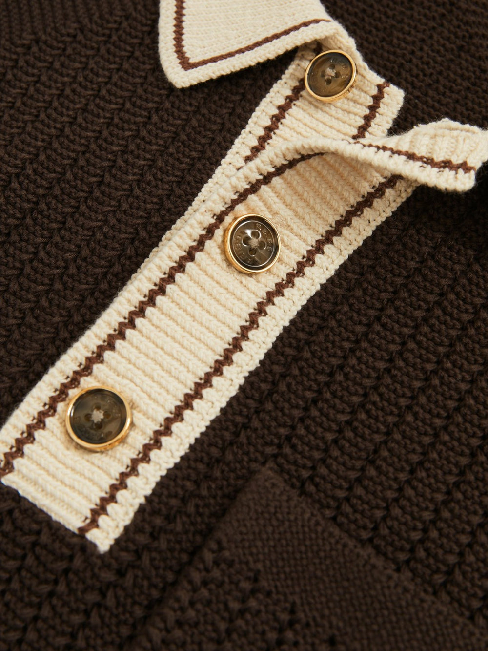 Cotton Textured Knit Contrast Polo Shirt Dark Brown/Stone | Mens