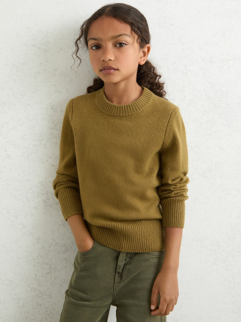 13-14 yrs Wool-Blend Open-Stitch Jumper with Cashmere Khaki Green | Children