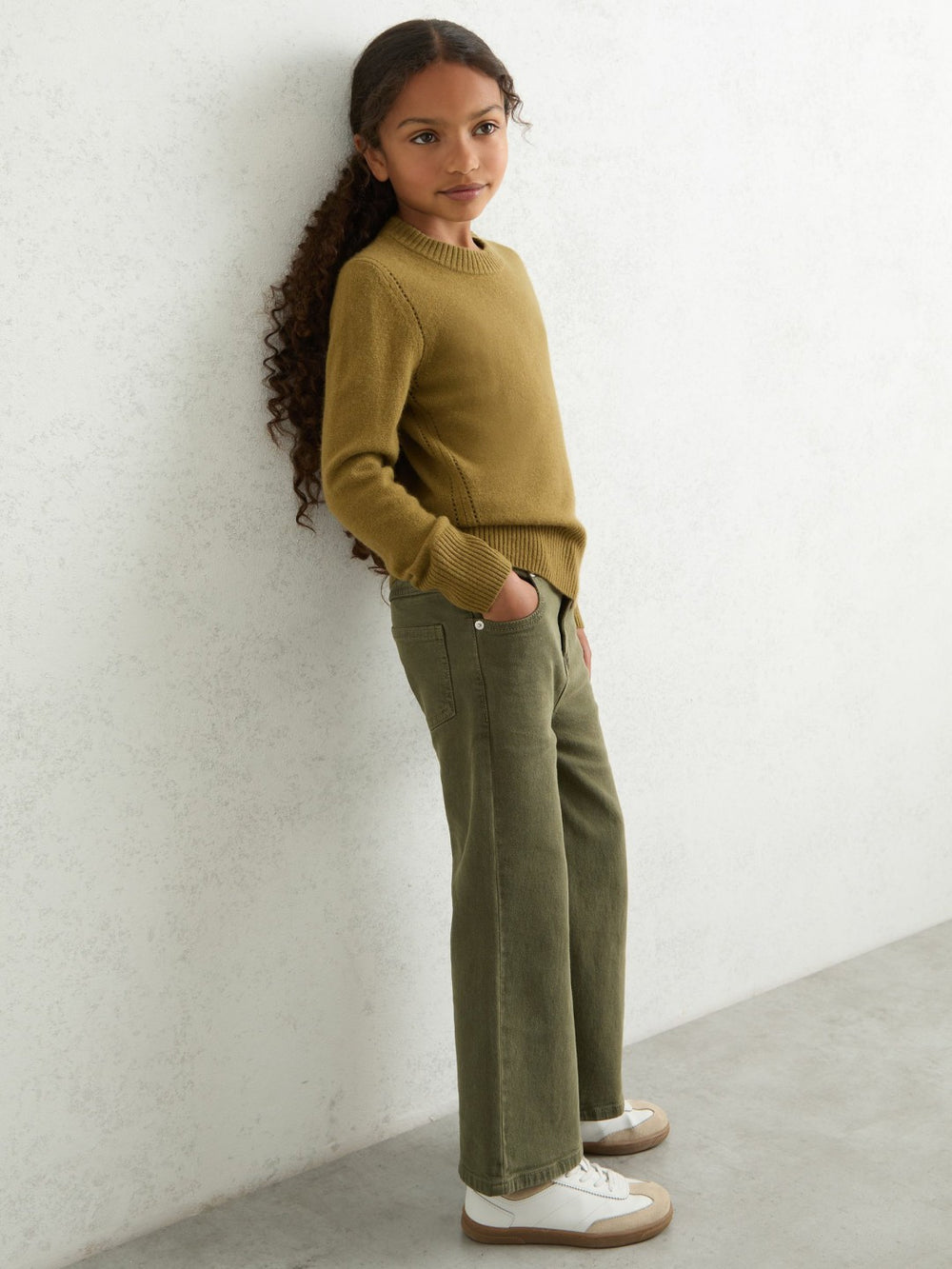 13-14 yrs Wool-Blend Open-Stitch Jumper with Cashmere Khaki Green | Children