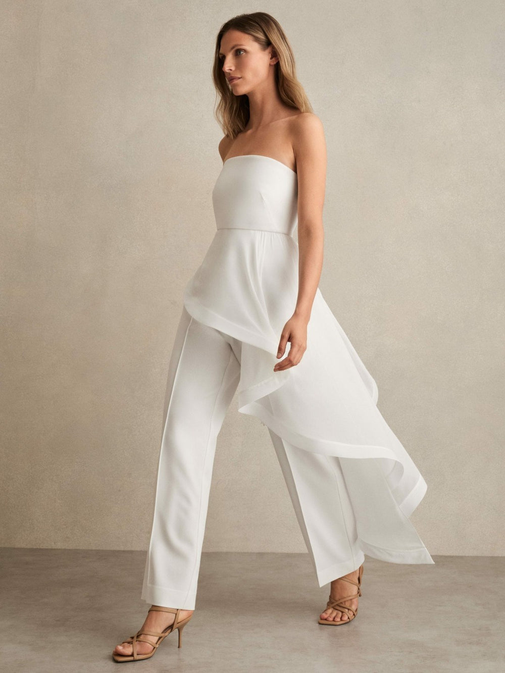 Silk Ruffle Bandeau Wide-Leg Jumpsuit Ivory | Womens