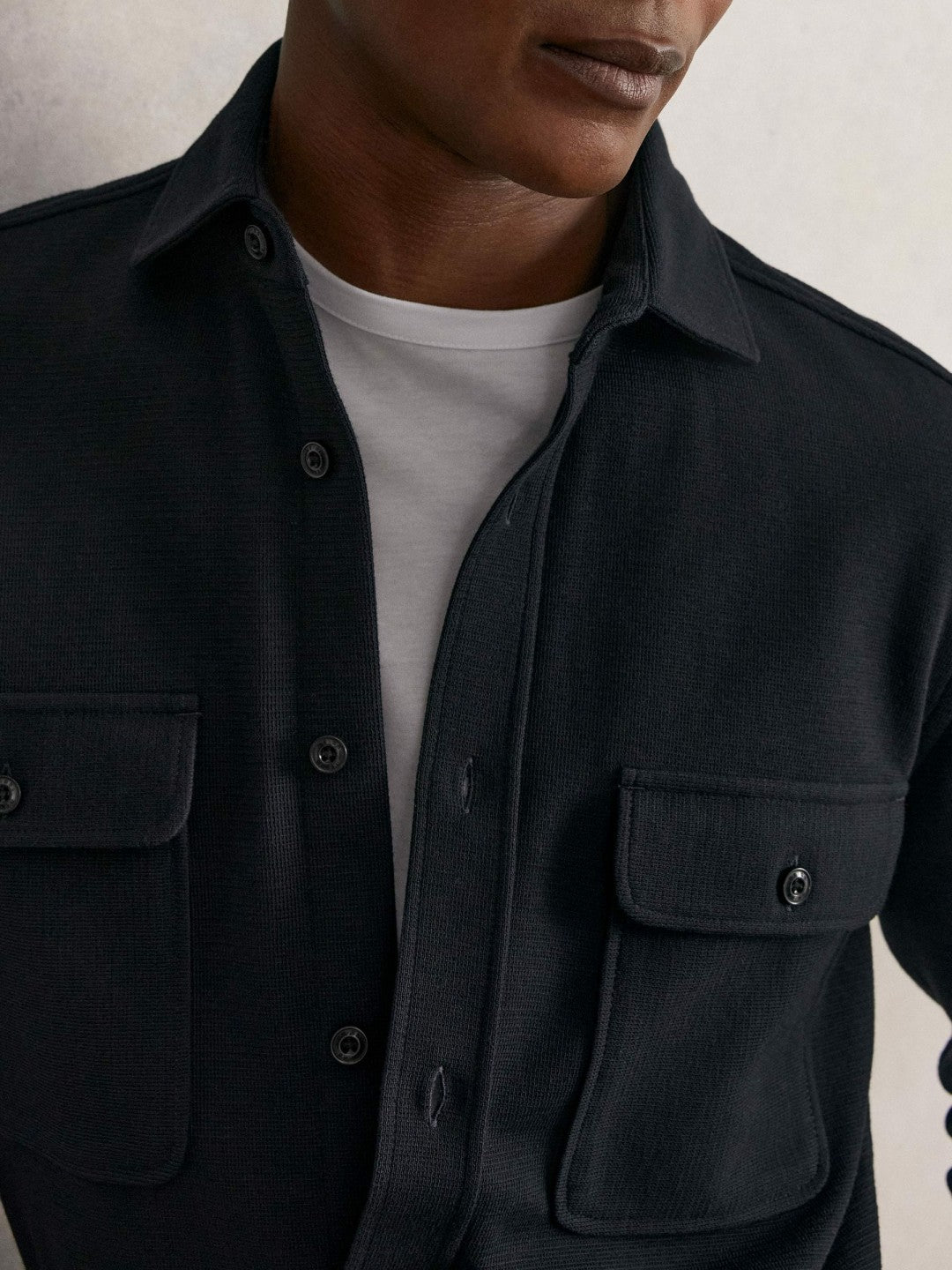 Textured Twin Pocket Cotton Blend Overshirt Navy | Mens