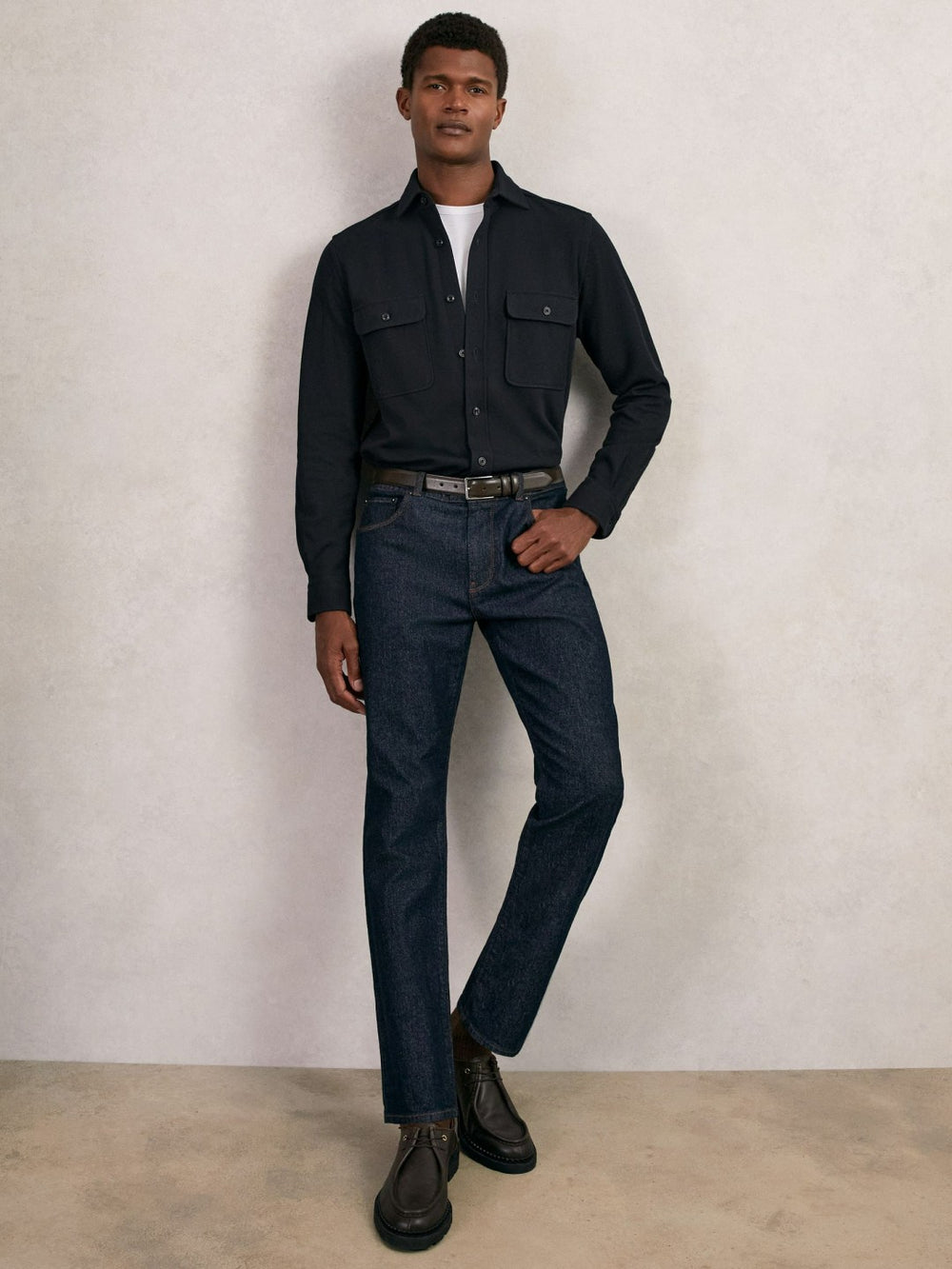 Textured Twin Pocket Cotton Blend Overshirt Navy | Mens