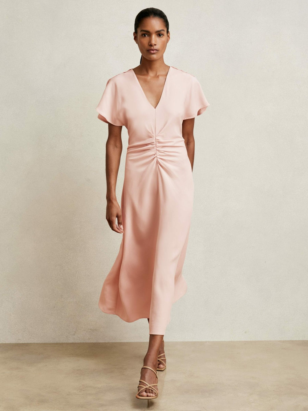Ruched-Front Midi Dress Pale Pink | Womens