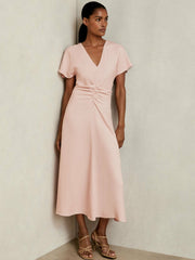 Ruched-Front Midi Dress Pale Pink | Womens