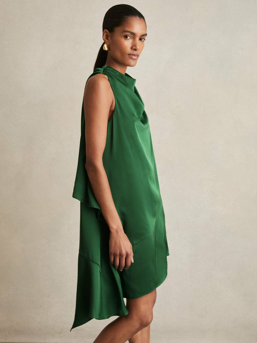 Satin Drape-Neck Layered Dress Green | Womens