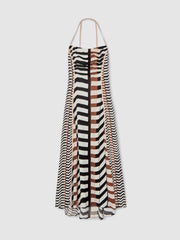 Chevron-Stripe Ruched Midi Dress Black/Brown | Womens
