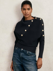Rib-Knit Button Shawl Jumper Navy | Womens