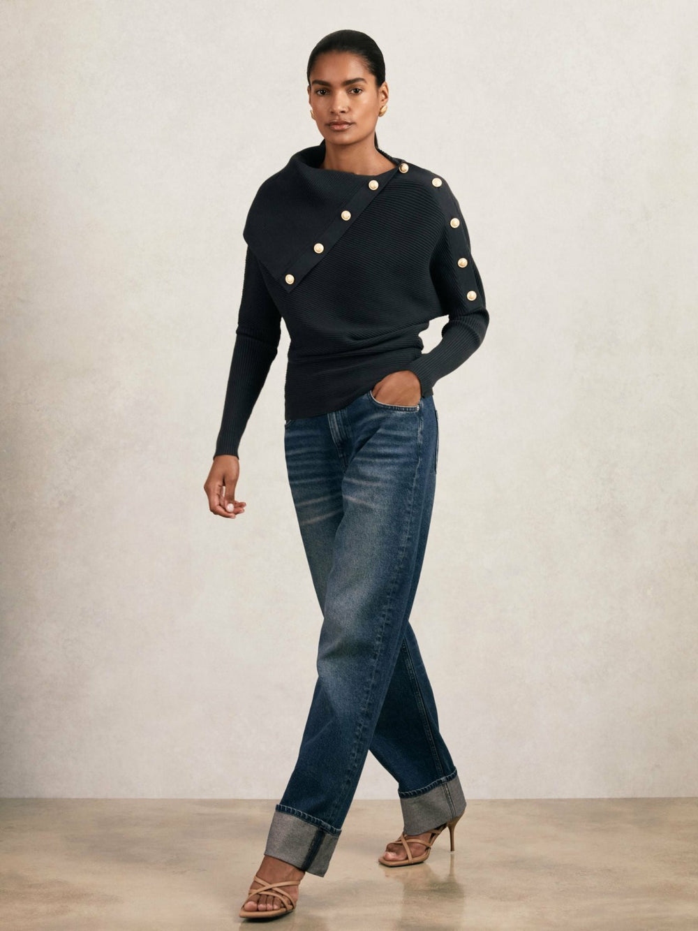 Rib-Knit Button Shawl Jumper Navy | Womens