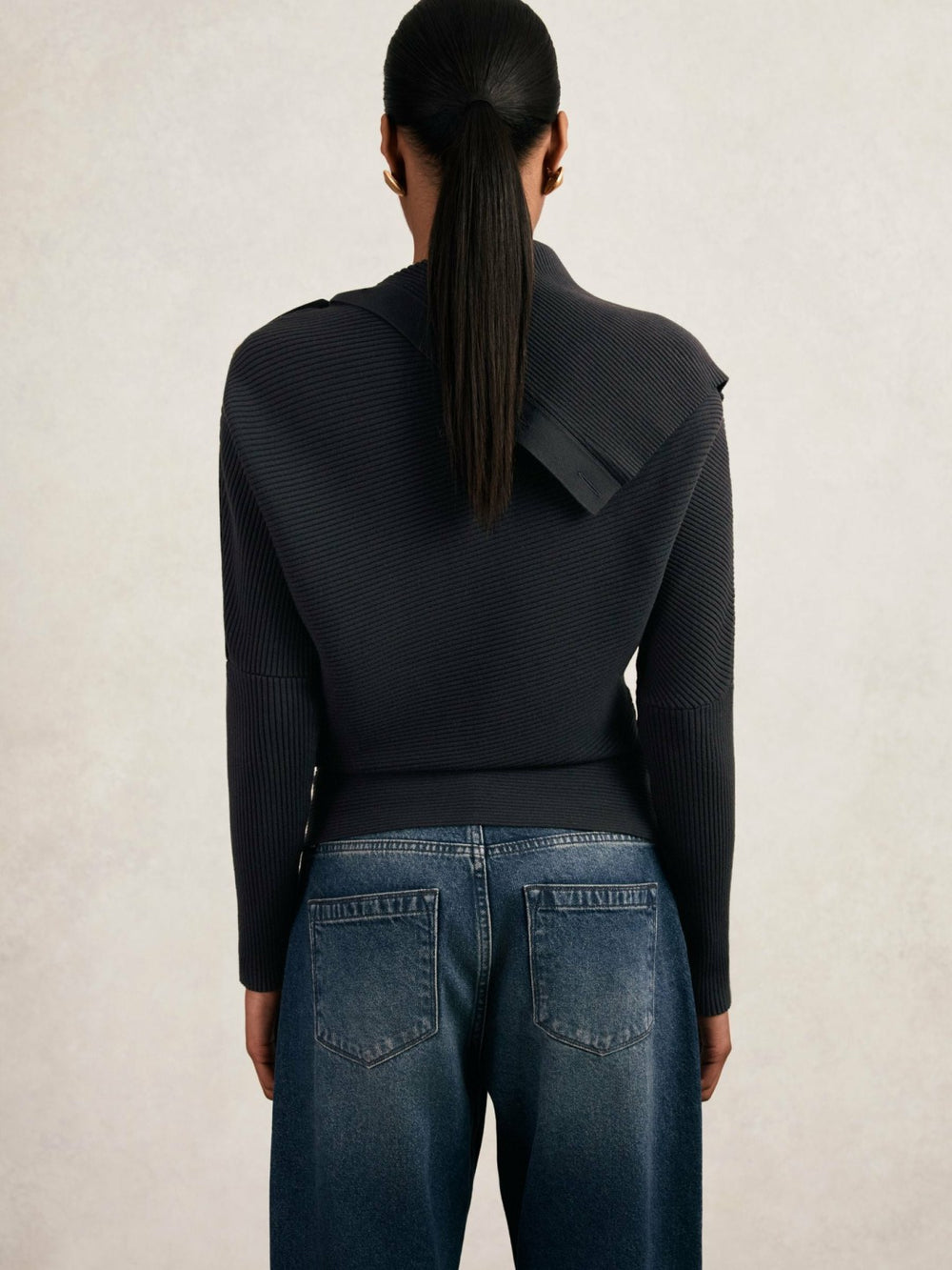 Rib-Knit Button Shawl Jumper Navy | Womens