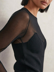 Mesh Knit Sweetheart Long-Sleeve Top Black | Womens