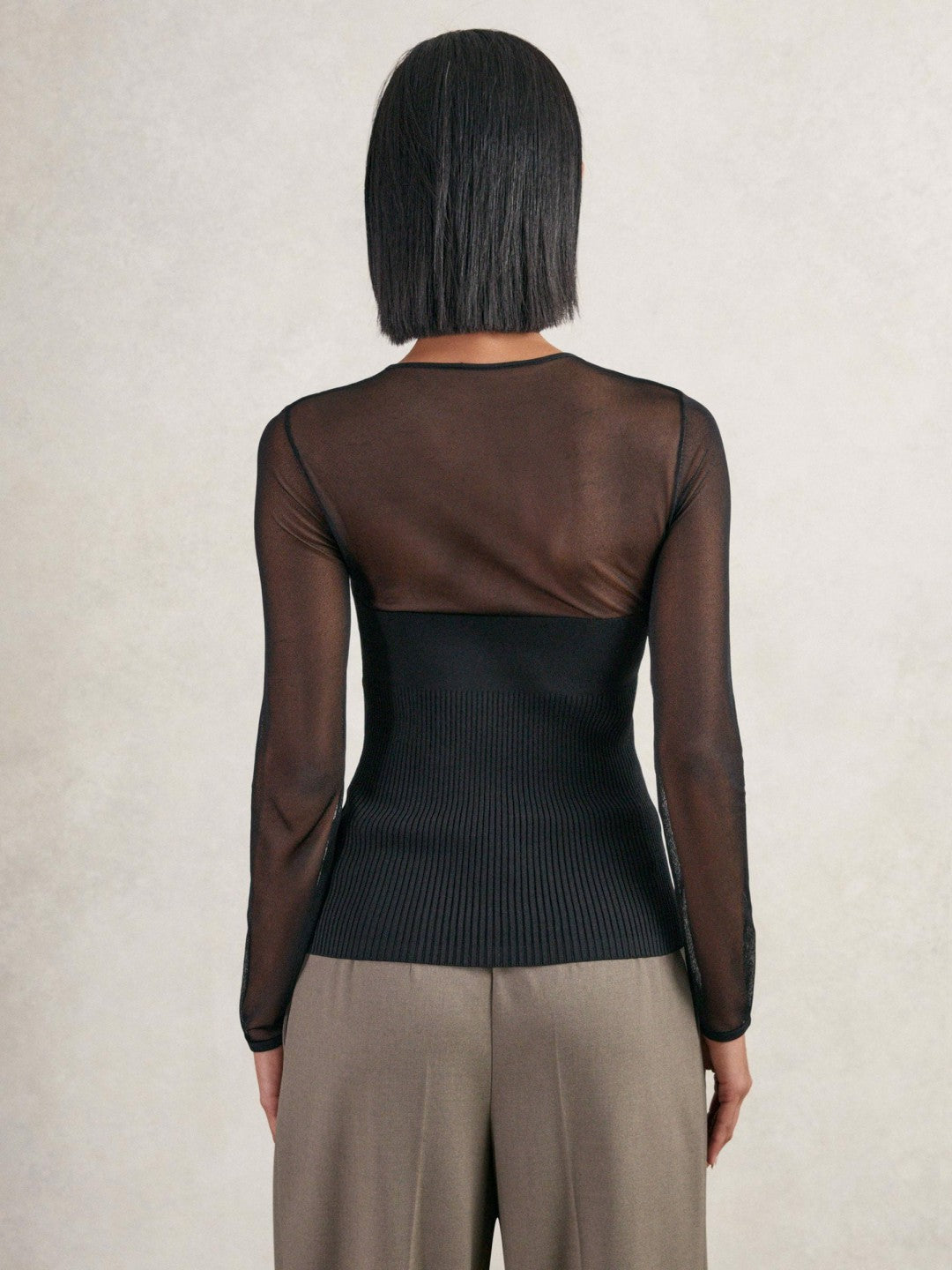 Mesh Knit Sweetheart Long-Sleeve Top Black | Womens