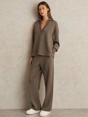 Interlock Open-Collar Sweatshirt Khaki Green | Womens