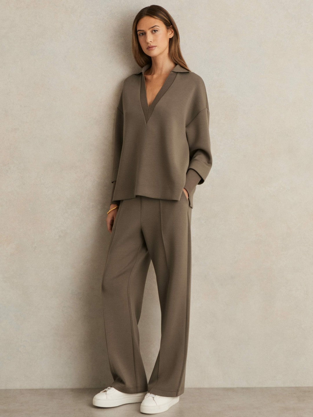 Modal-Blend Interlock Wide-Leg Joggers Khaki Green | Womens