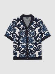 Paisley Jacquard Knit Shirt Navy Blue/White | Mens