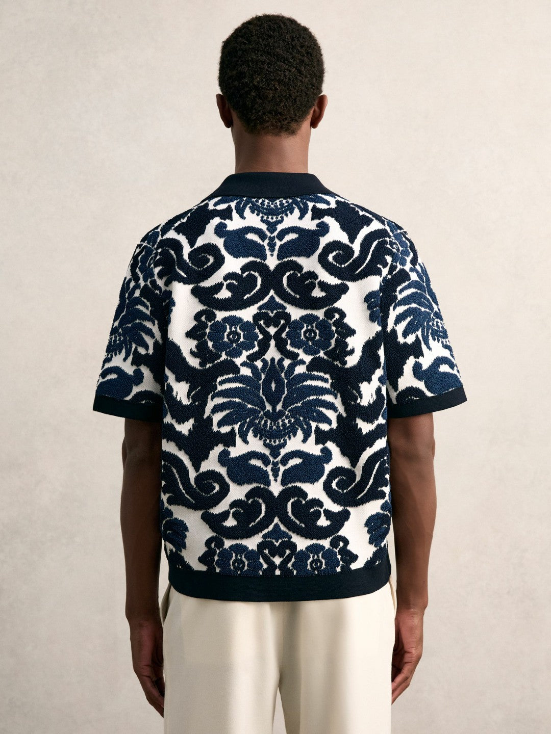 Paisley Jacquard Knit Shirt Navy Blue/White | Mens