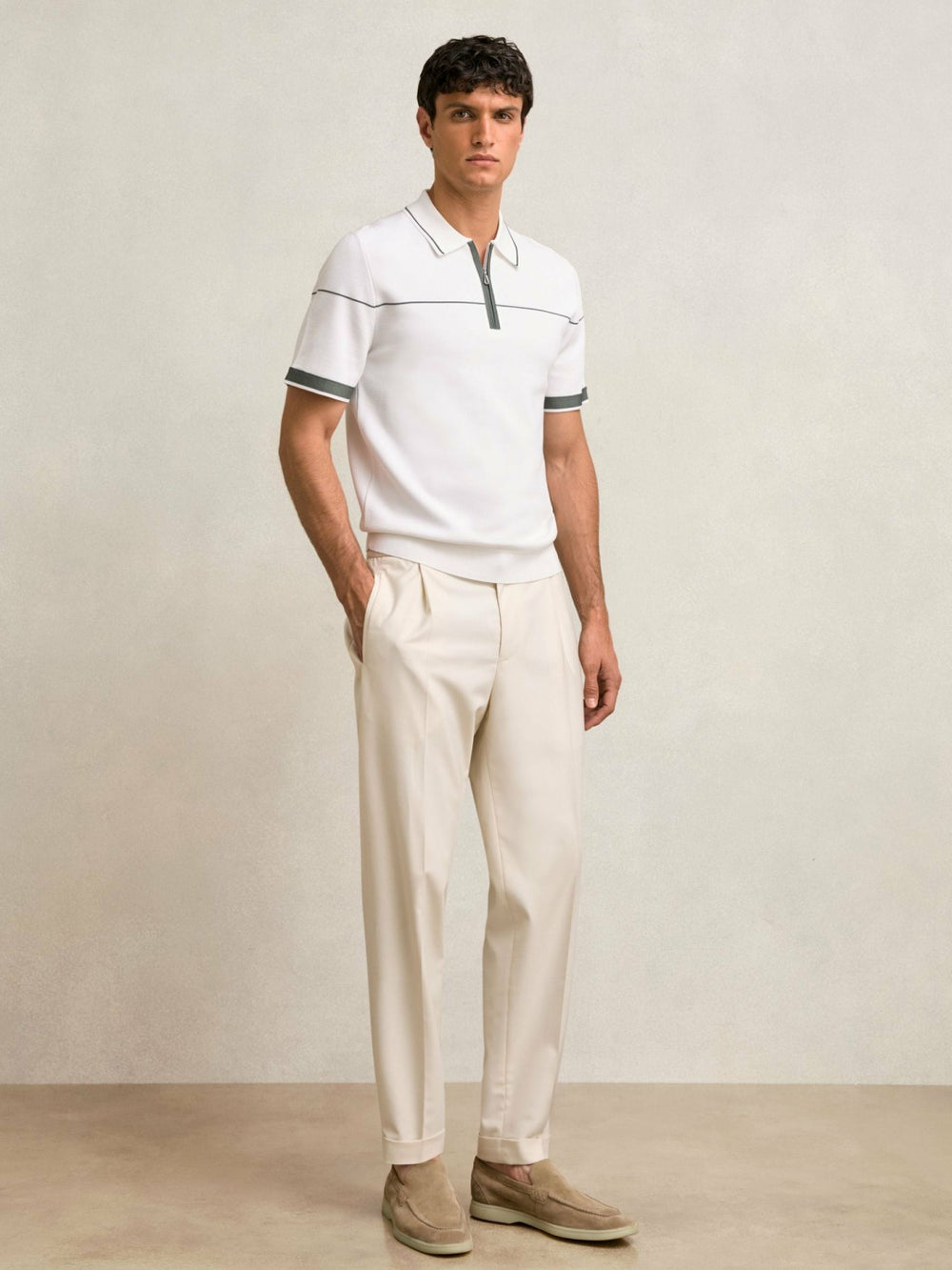 Half Zip Tipped Polo Shirt White/Green | Mens