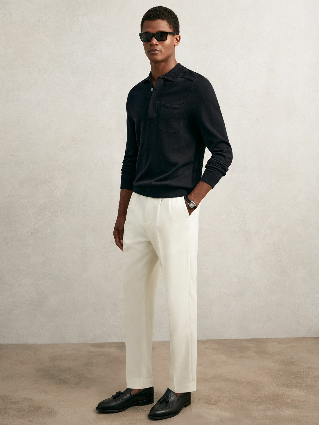 Cotton Concealed Placket Polo Shirt Navy | Mens