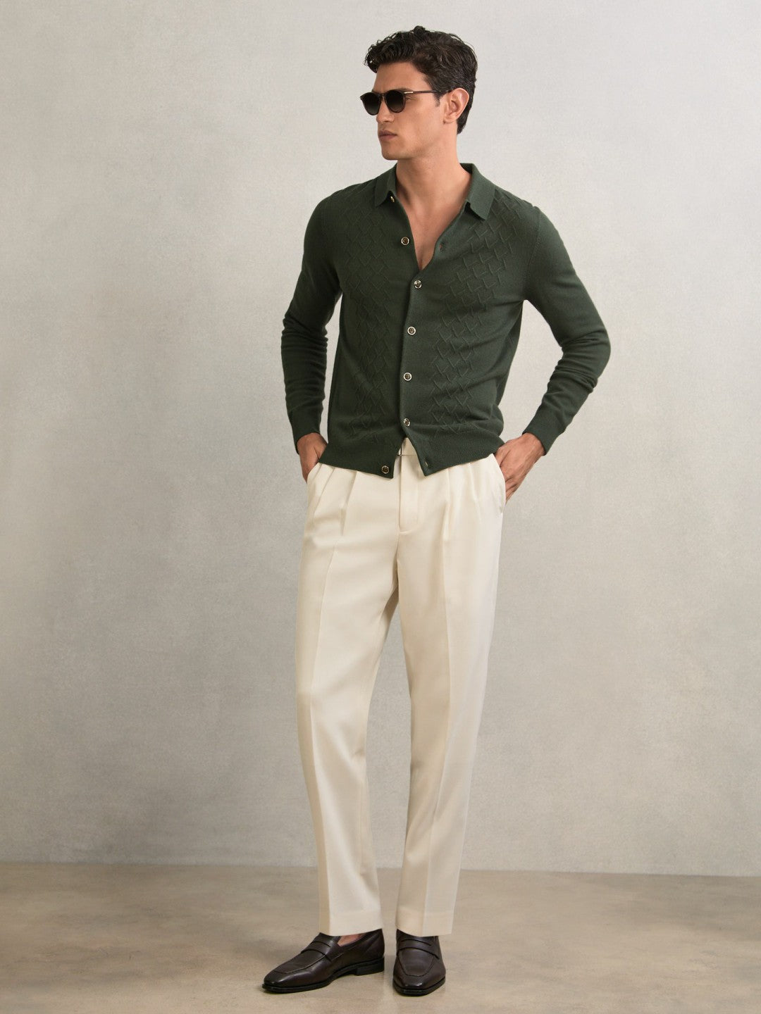 Wool V-Stitch Button-Through Cardigan Forest Green | Mens