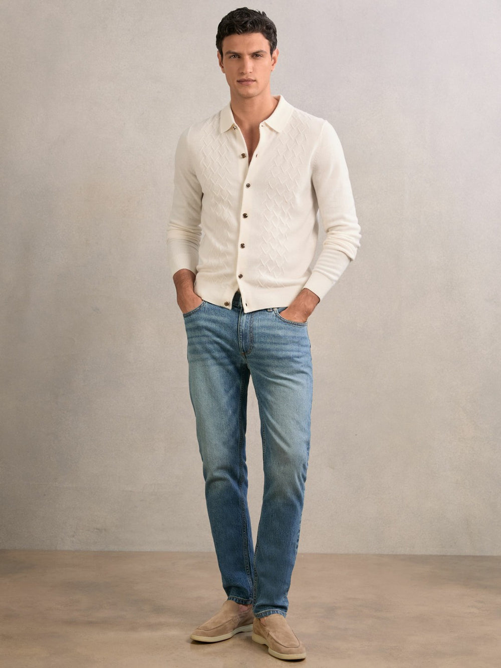 Wool V-Stitch Button-Through Cardigan Off White | Mens