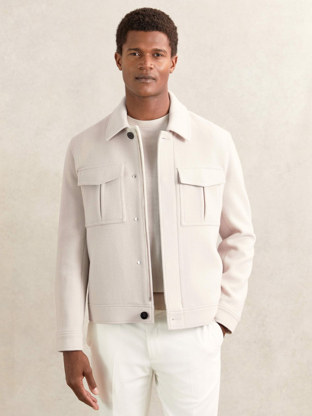 Wool Blend Twin Pocket Zipped Jacket Ivory | Mens